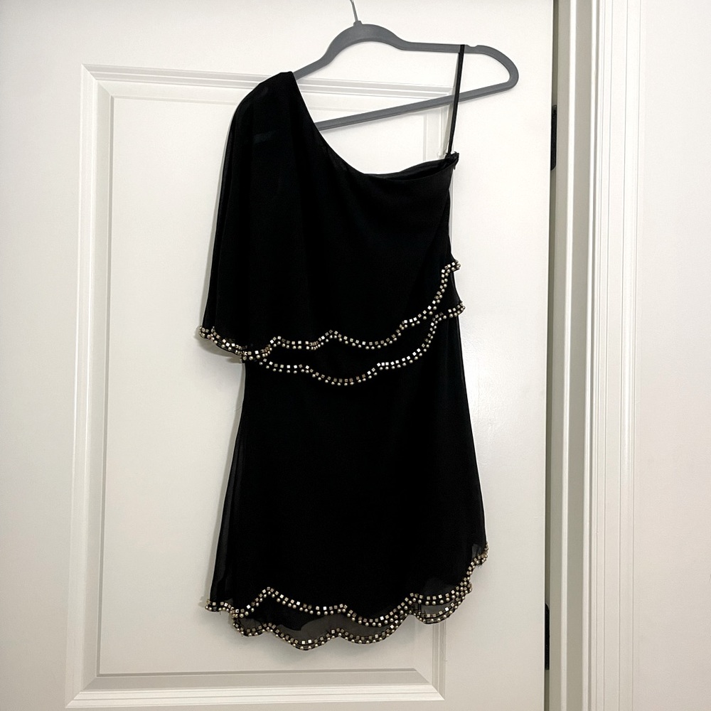 Black one shoulder, gold beaded dress